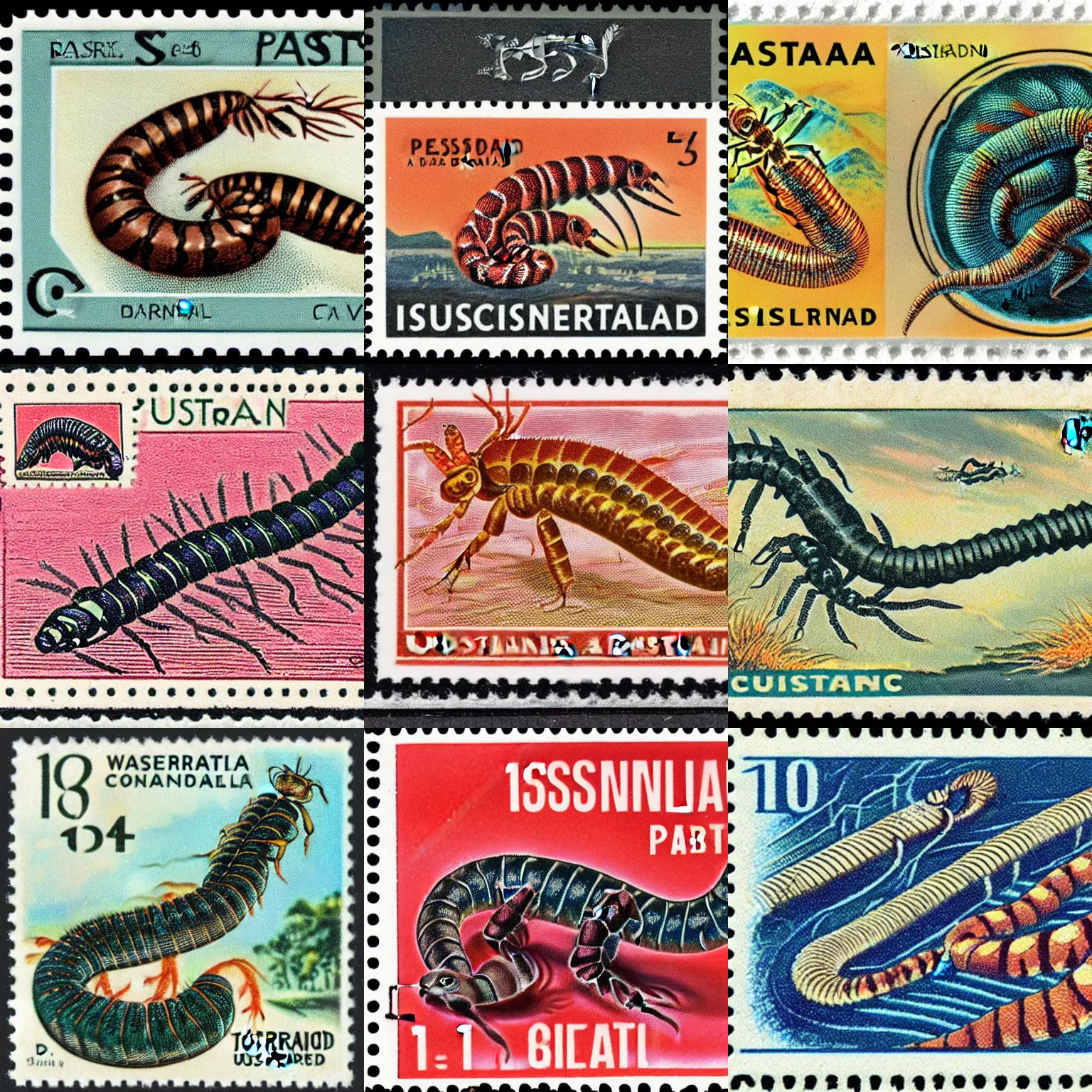 Prompt: 1951 postage stamp from Australia featuring a Triassic giant centipede