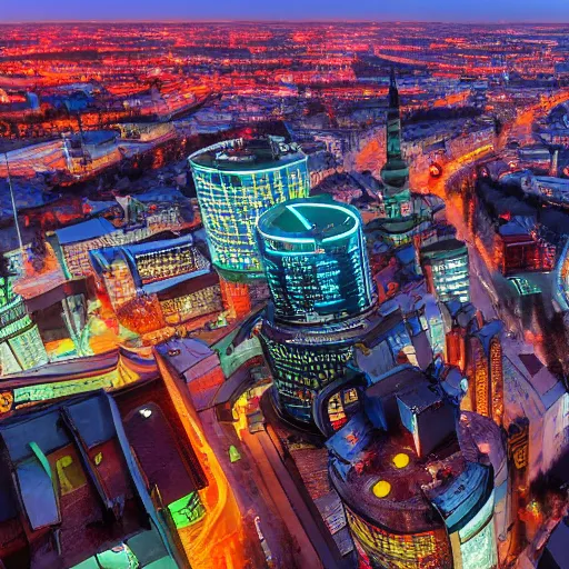 Image similar to panoramic view on the old town of riga in year 2 1 0 0, cyberpunk, futuristic, neon