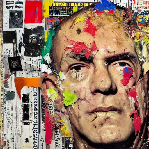 Prompt: hyperrealistic, photorealistic, mixed media oil painting of hunter s thompson, magazine scraps, plaster, blood, oil, mustard, splatter, greg rutkowski, basquiat, ralph steadman, wesley kimler, terry gilliam, andy warhol