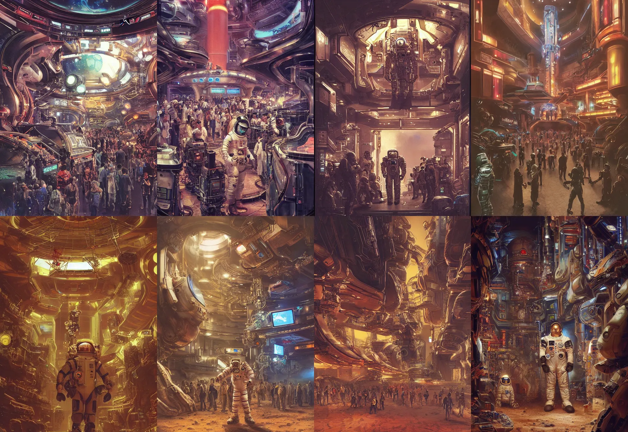 Prompt: an astronaut standing in the entrance to a bustling cyberpunk casino on mars, filled with people, robots, cyborgs, aliens, by noriyoshi ohrai