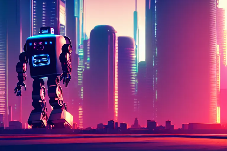 Image similar to a cute big robots in at cyberpunk city. super realistic 8 k render of a elegant, cinematic composition