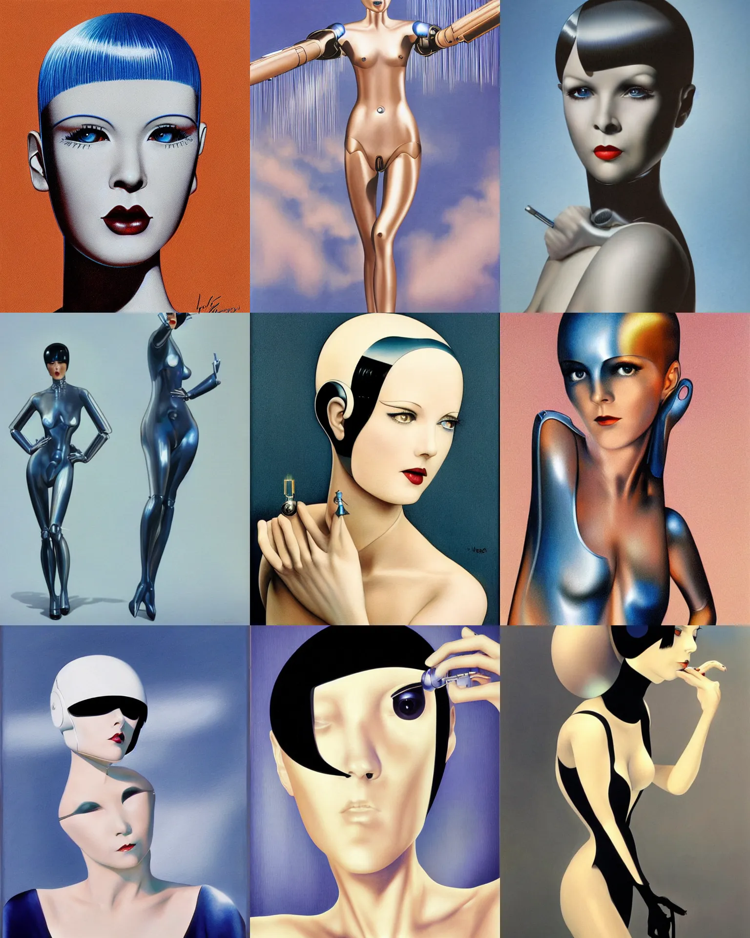 Prompt: mary louise brooks is turning into a robot, her skin is turning to chrome, desert and blue sky, airbrush art by hajime sorayama, futuristic