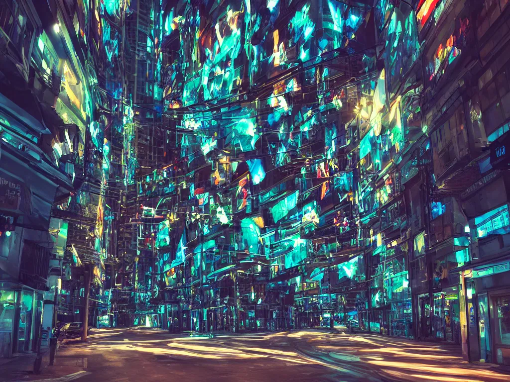 Image similar to streets with curved translucent screens projecting detailed sci - fi art ( 2 0 4 2 ), pixel perfect photograph, high contrast, volumetric lighting, thin glowing lights, chair, users, pair of keys