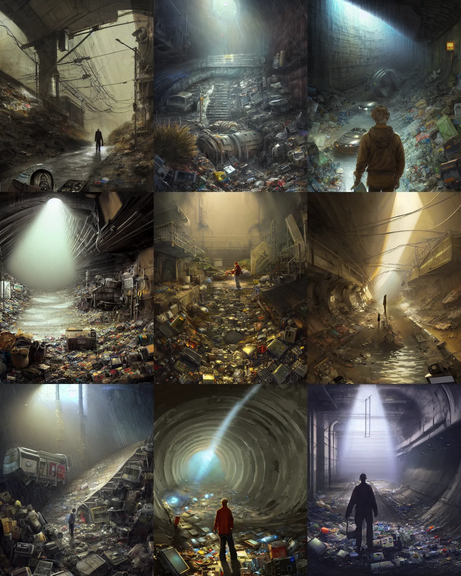 Prompt: craig mullins and ghibli and james gurney detailed digital painting of someone in a very large underground storm sewer, a massive mountain of electronics as trash in the underground storm sewer, sharp sunray lighting, cinematic shot, maximalism, unreal engine, hyper realism, realistic shading, cinematic composition, blender render, octane render, hdr, detailed textures, very wide shot, 1 6 mm lens