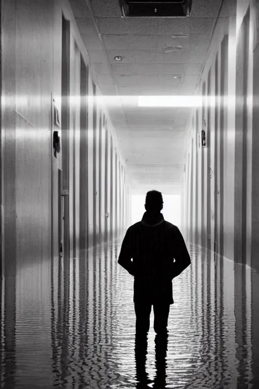 Prompt: agfa vista 4 0 0 photograph of a guy standing in a school hallway flooded with water, synth vibe, vaporwave colors, lens flare, moody lighting, moody vibe, telephoto, 9 0 s vibe, blurry background, grain, tranquil, calm, faded!,