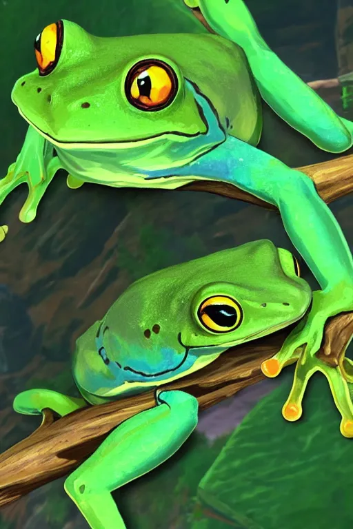 Image similar to in game footage of a green tree frog from the legend of zelda breath of the wild, breath of the wild art style.