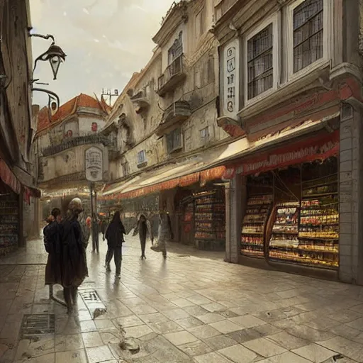 Prompt: a convenience store of 2022 portugal lisbon on the street of a very highly detailed logital matte painting art by Greg Rutkowski, highly logical and striking detailed architecture by alphonse mucha