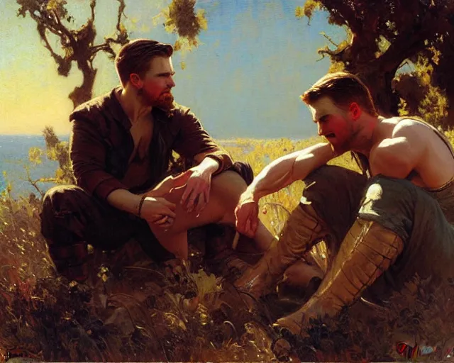 Image similar to stephen amell comforting chris evans, painting by gaston bussiere, craig mullins, j. c. leyendecker