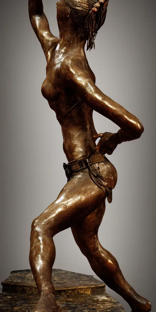 Prompt: detailed photo of old bronze patina statue of a lara croft dancing woman, full body, photorealism, intricate detail, museum diffuse lighting