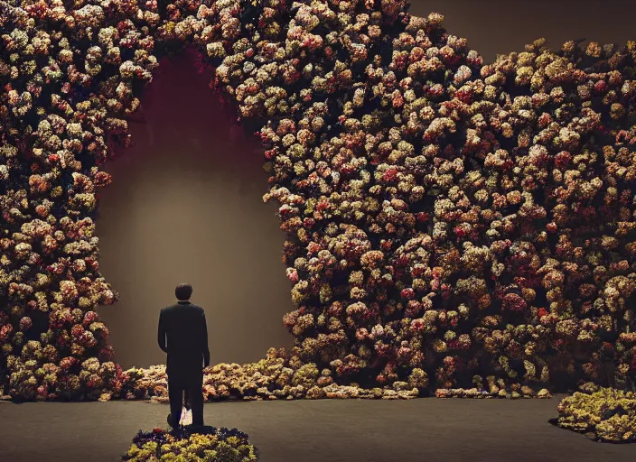 Prompt: lonely man standing in a vast cathedral full of flowers and fruit, in the style of The Dutch masters and Gregory Crewdson, dark and moody