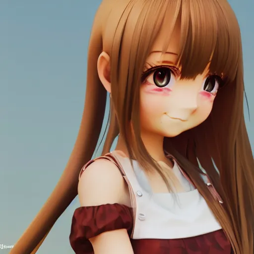 Image similar to Render of a very beautiful 3d anime girl, long hair, hazel eyes, cute freckles, full round face, school girl, short smile, cute sundress, golden hour, medium shot, mid-shot, highly detailed, trending on Artstation, Unreal Engine 4k