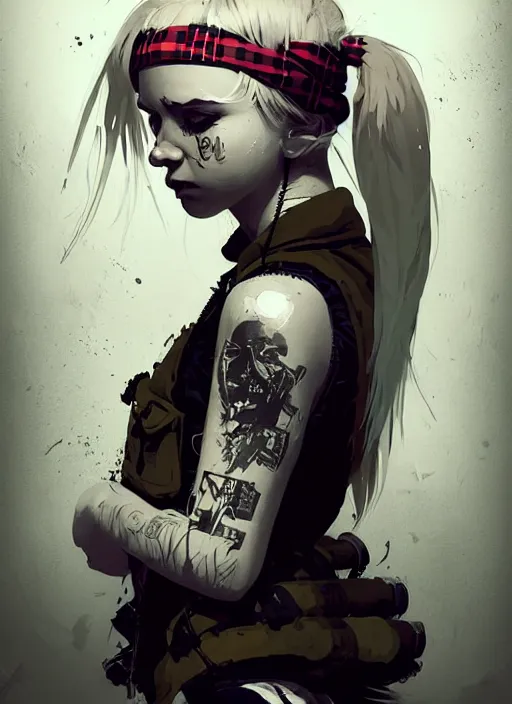 Prompt: highly detailed closeup portrait of a sewer punk swedish female road warrior student, tartan garment, blonde hair pigtails with headband by atey ghailan, by greg rutkowski, by greg tocchini, by james gilleard, by joe fenton, by kaethe butcher, gradient cyan, black, brown and white color scheme, grunge aesthetic!!! white graffiti tag wall background