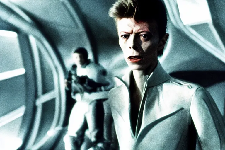 Prompt: a young David Bowie on the bridge of a starship, movie still,color,70mm