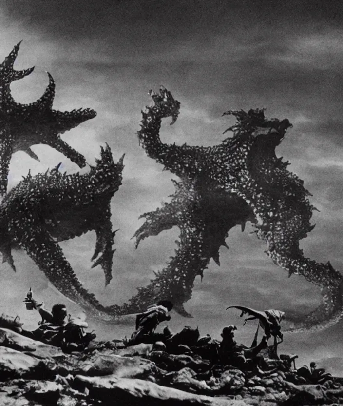 Image similar to a filmstill of a north korean monster movie, kaiju - eiga monster with starfish - arms trampling a traditional korean palace, foggy, film noir, epic battle, etheral, explosions, communist propaganda, communist epic thriller, by kim jong - il and akira kurosawa and tim burton, video compression