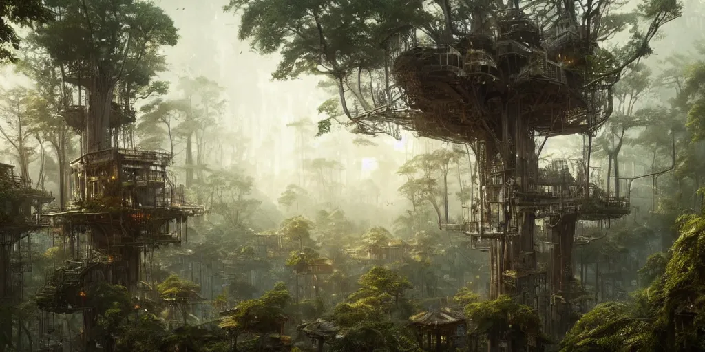 Prompt: a vast treehouse city built in an ancient forest, greg rutkowski, 8 k, shallow depth of field, intricate detail, concept art,