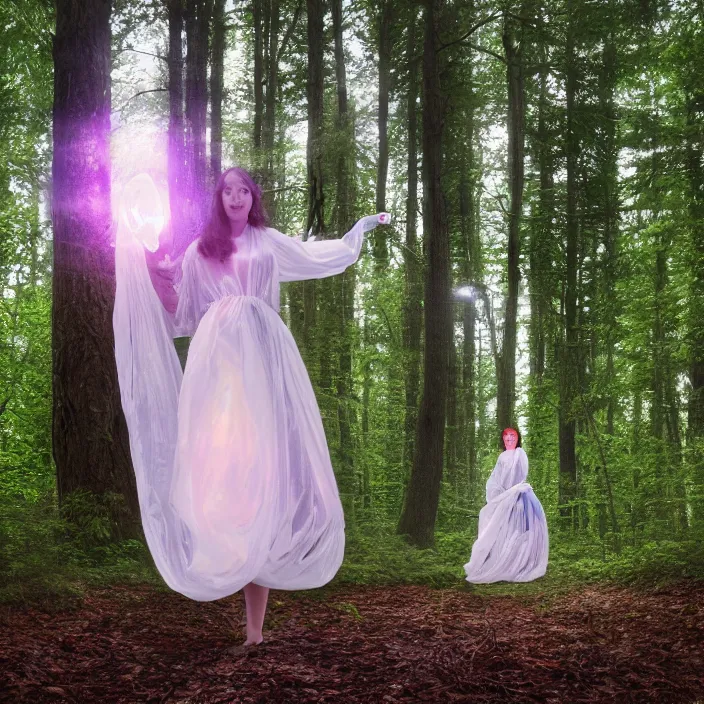 Prompt: a closeup portrait of a woman wrapped in plastic, standing next to a levitating iridescent orb, in a forest, color photograph, by vincent desiderio, canon eos c 3 0 0, ƒ 1. 8, 3 5 mm, 8 k, medium - format print