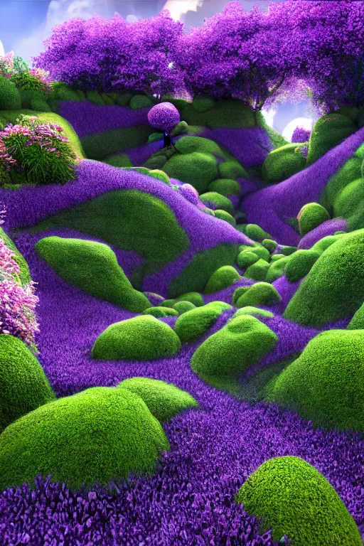 Prompt: in a cave with a miniature hyper - realistic garden of hedges and brighly coloured rainbow flowers : 4, highly symmetrical, balanced, purple lightning clouds : 3, octane render, in the style of sahm : 3, hd, 4 k, ultra - realistic, in unreal engine