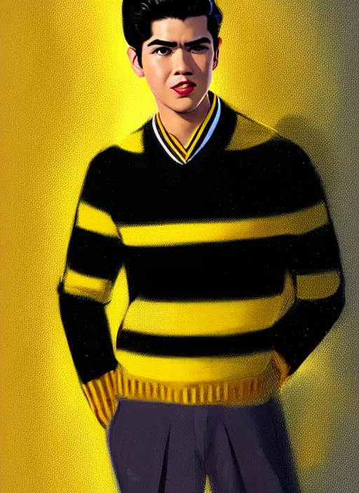 Image similar to portrait of young reggie mantle, mean smirk, egotistical, slicked back hair, striped yellow and black sweater, 1 9 5 0 s, intricate, elegant, glowing lights, highly detailed, digital painting, artstation, concept art, smooth, sharp focus, illustration, art by wlop, mars ravelo and greg rutkowski