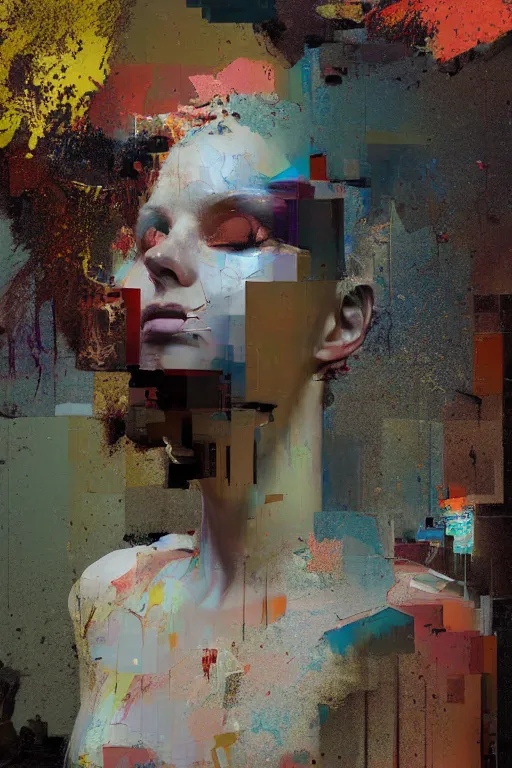 Image similar to a beautiful glitched painting by robert proch of a woman in a glitched bathroom, metal rust and plaster materials, pixel sorting, color bleeding, brushstrokes by jeremy mann, still life, dark colors