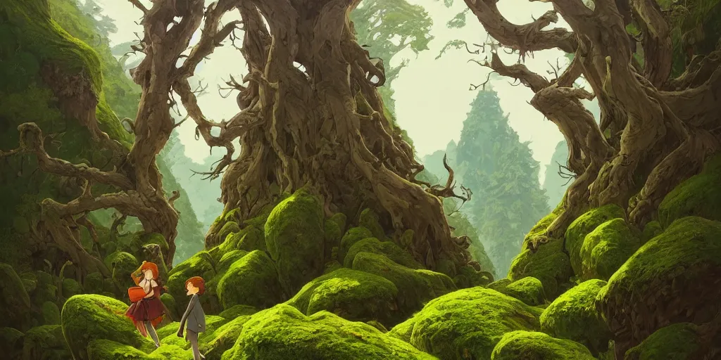 Image similar to a 2 d forest background in transylvania, rocks, dead trees, castle in the background, moss, in the style of studio ghibli, j. c. leyendecker, greg rutkowski, artgerm