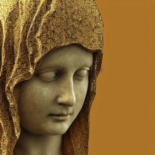 Image similar to a marble sculpture of the veiled virgin, subsurface scattering, !face, !female, covered in intricate !detailed golden streaked !!sheer veil , physically based rendering, photo realistic, top light , dark background