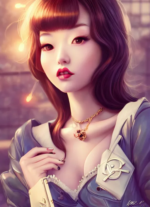 Image similar to a pin up and beautiful fashion dreamlke japan girl with lv jewelry, character art, art by artgerm, wlop, loish, hyperdetailed, 8 k realistic, symmetrical, global illumination, radiant light, frostbite 3 engine, cryengine, dof, trending on artstation, digital art, chanel, dior, detailed background