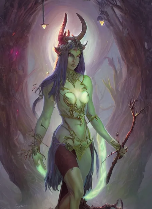 Image similar to cute Tiefling Druid with long horns, colorful leaves on light leather armor, holding tree staff, ,demon tail light-brown skin, highly detailed, digital painting, artstation, concept art, sharp focus, illustration, art by artgerm and greg rutkowski and alphonse mucha