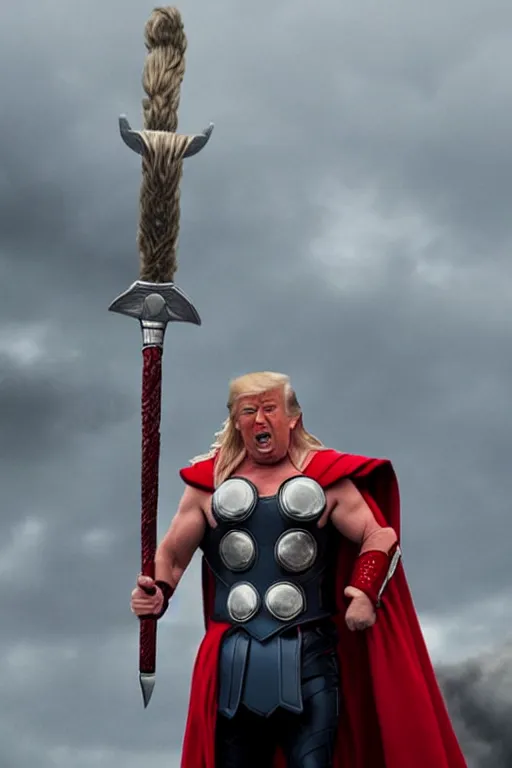 Prompt: donald trump as thor, wielding hammer, ready for battle, movie still