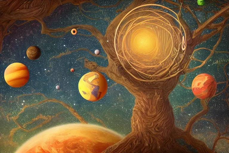 Prompt: a cosmic yggdrasil with planets hanging from the branches by caspar david friedricht, digital art, artstation, low angle, high detail, intricate, wide shot,