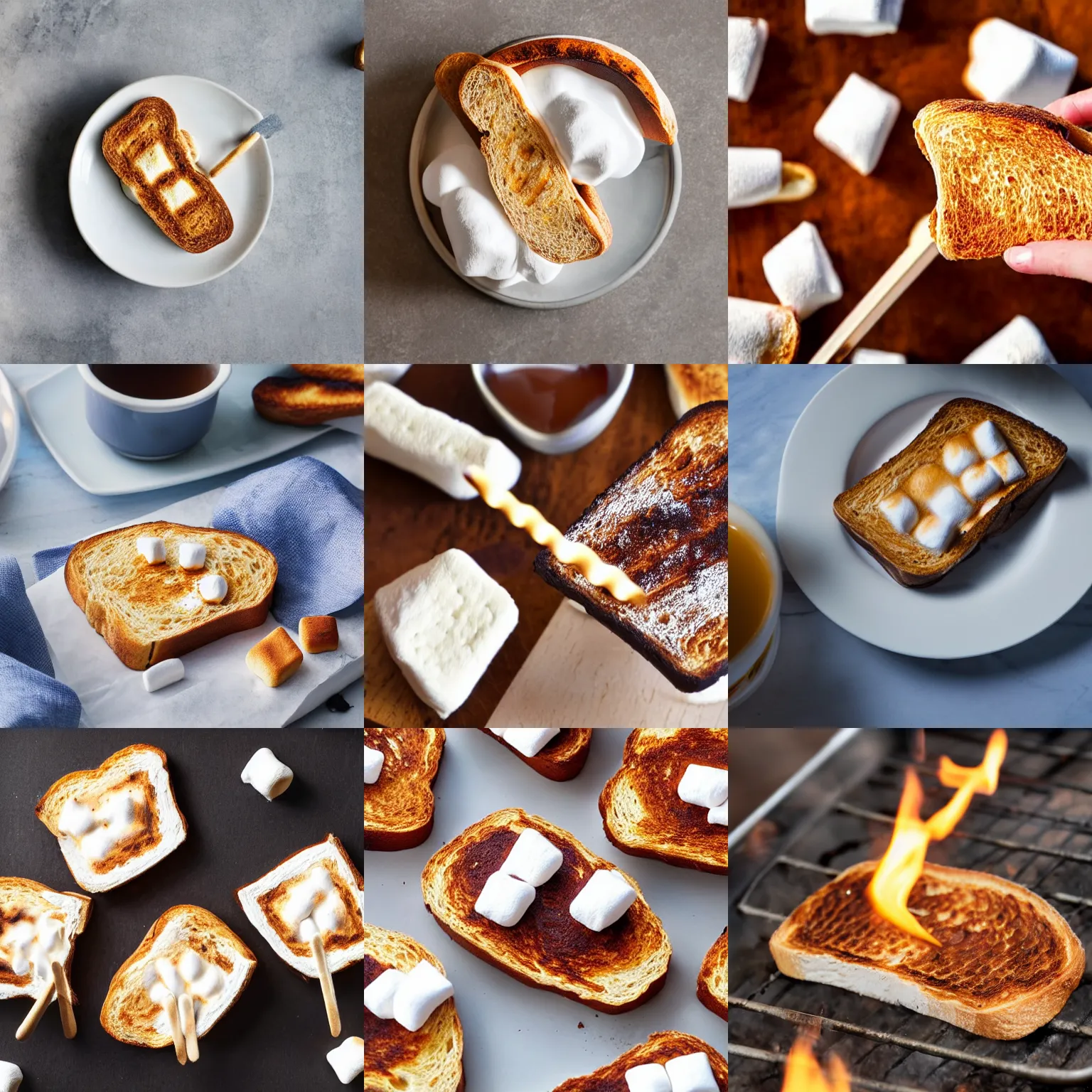 Prompt: a piece of toast toasting marshmallows