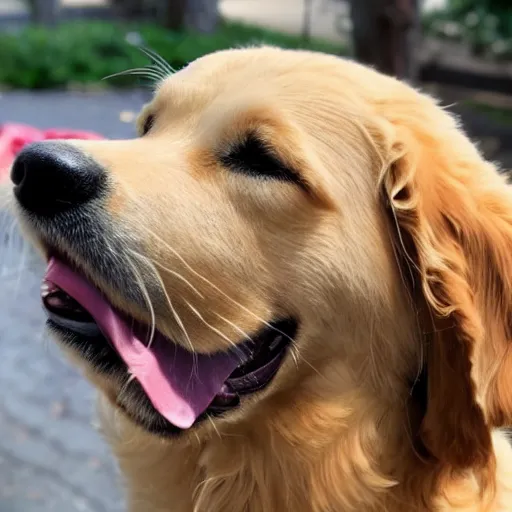 Prompt: happy golden retriever with a slice of butter on head