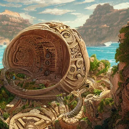 Image similar to a gigantic paleolothic torus made of stone with highly detailed carvings of intricate shamanic robotic electronics and circuitry, in a mediterranean lanscape, inside a valley overlooking the sea, in the style of andreas rocha