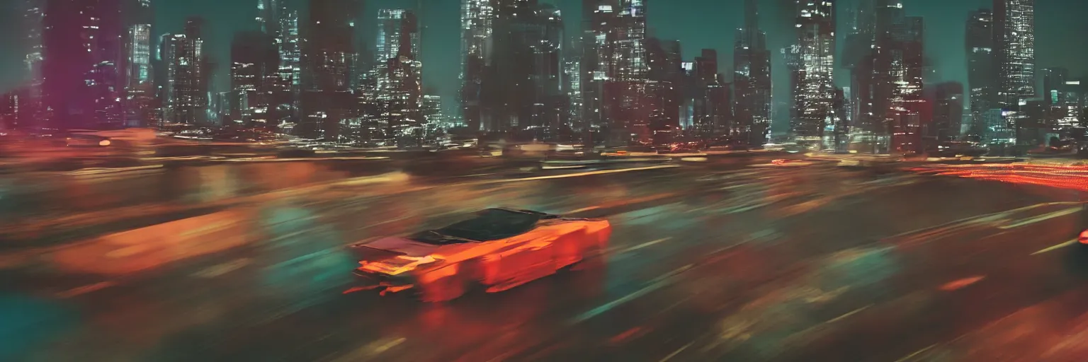 Prompt: 8 0 s neon movie still, high speed car chase by the river with city in background, slow shutter speed, medium format color photography, movie directed by kar wai wong, hyperrealistic, photorealistic, high definition, highly detailed, tehnicolor, anamorphic lens