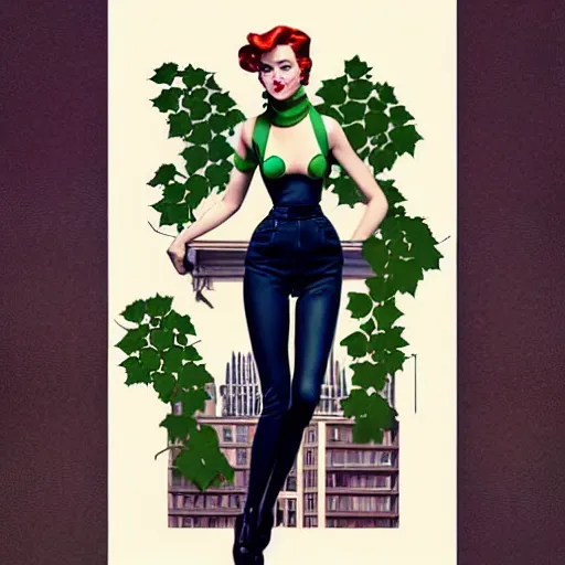 Image similar to joshua middleton, phil noto, norman rockwell, artgerm, 1 9 5 0 s rockabilly emma stone poison ivy dc comics, pompadour, vines, symmetrical eyes, city rooftop