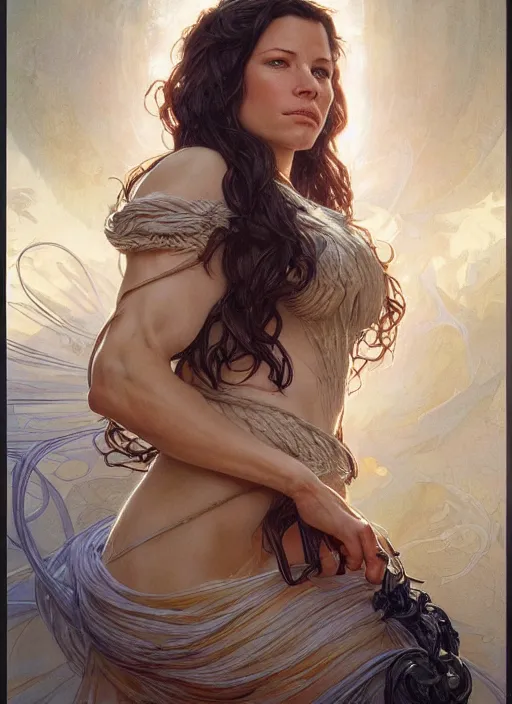 Image similar to beautiful portrait of evangeline lilly, by magali villeneuve and greg rutkowski and artgerm and alphonse mucha, intricate, elegant, highly detailed, photorealistic, trending on artstation, trending on cgsociety, 8 k, sharp focus