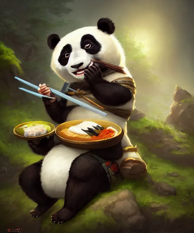 Prompt: a portrait an anthropomorphic panda samurai eating sushi, landscape in background, cute and adorable, dnd character art portrait, well rendered matte fantasy painting, deviantart artstation, by jason felix by steve argyle by tyler jacobson by peter mohrbacher, cinematic lighting
