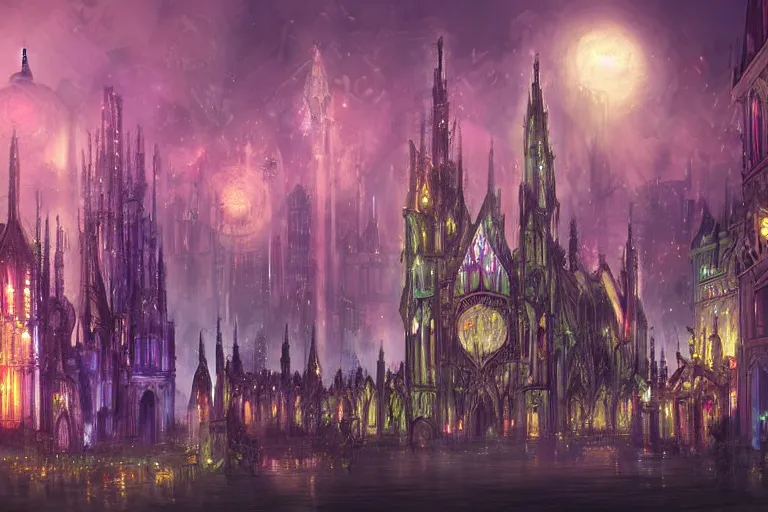 Image similar to arcane cityscape, floating gothic buildings shimmer with iridescent magical lights, digital art, fantasy