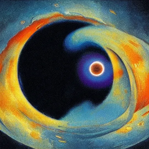 Image similar to colorful by martiros saryan, by jean - baptiste monge. a beautiful digital art of a black hole consuming a star.