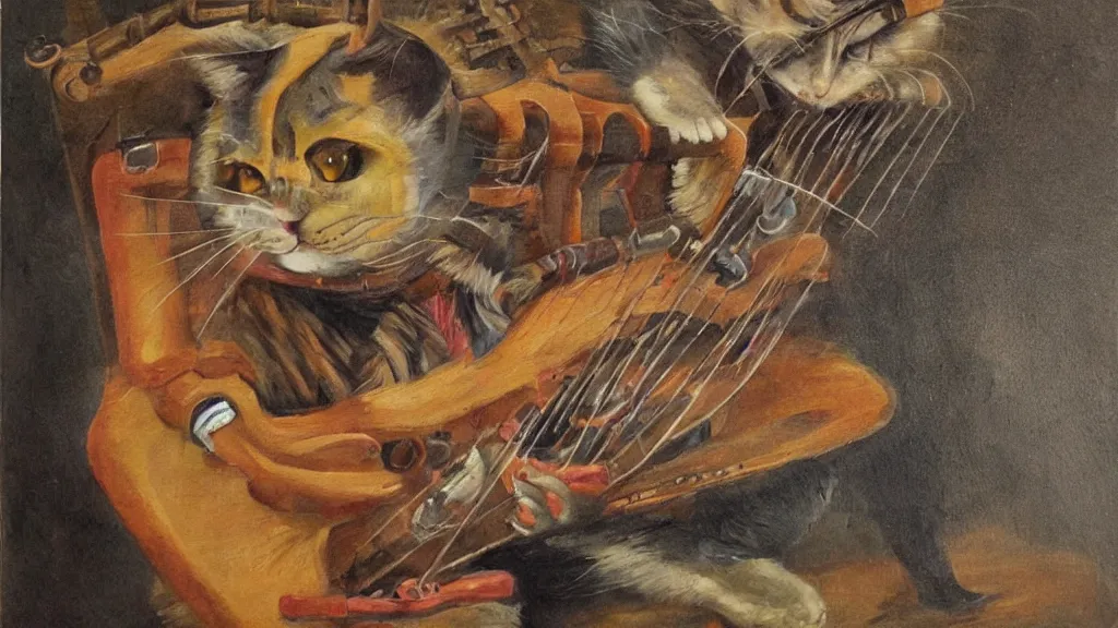 Prompt: A painting of a half-man half-cat creature playing the hurdy gurdy.