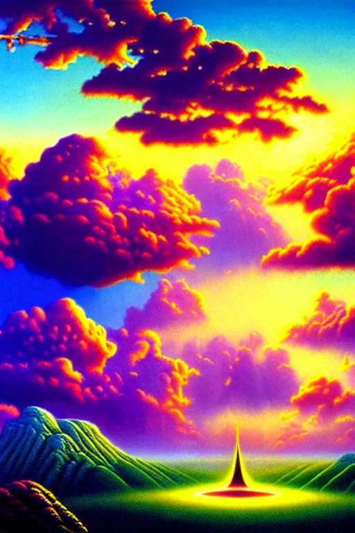 Prompt: a photorealistic detailed cinematic image of a beautiful vibrant iridescent future for human evolution, spiritual science, divinity, utopian, cumulus clouds, ground view, by david a. hardy, kinkade, lisa frank, wpa, public works mural, socialist