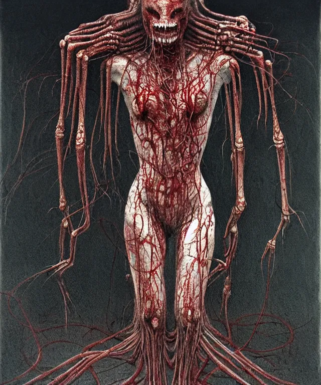 Image similar to woman standing. illustration of arachnophobia, fear of spiders, incredible amount of spiders, bugs. extremely high details, realistic, horror, creepy, masterpiece, art by hermann nitsch, zdzislaw beksinski, dariusz zawadzki, giger, dragan bibin