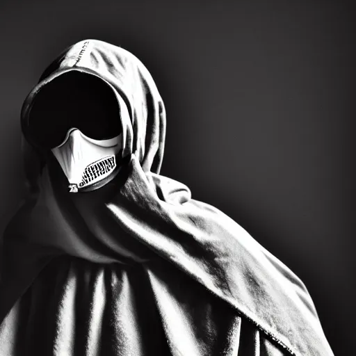 Image similar to A plague doctor wearing a french maid dress, security camera photo, 4k, black and white, ghostly, dark