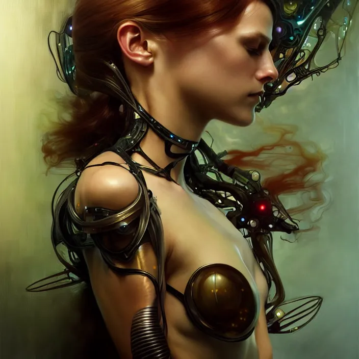 Image similar to liquid cyborg, black oil, diffuse lighting, fantasy, intricate, elegant, highly detailed, lifelike, photorealistic, digital painting, artstation, illustration, concept art, smooth, sharp focus, art by john collier and albert aublet and krenz cushart and artem demura and alphonse mucha