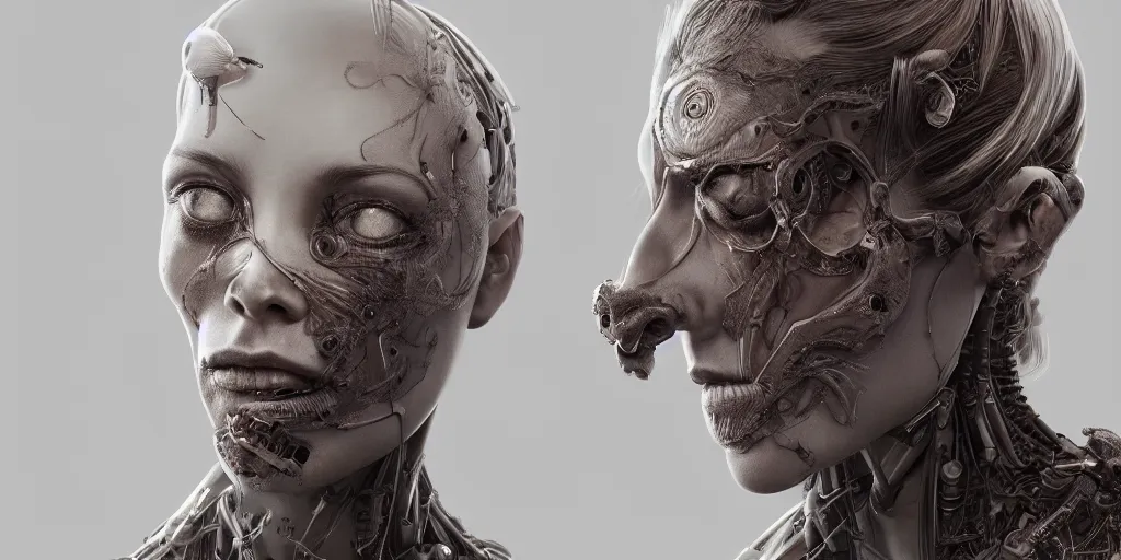 Image similar to hyper realistic photography of a stunningly beautiful cyborg female, elbow, intimate, holding close, in the style of beth cavener, jin kagetsu, wlop, highly detailed, intricate filigree, symmetry, masterpiece,, concept art, highkey lighting, ambient lighting, octane render, 8 k, artstation
