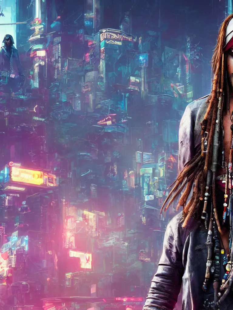 Image similar to jack sparrow in the game of cyberpunk 2 0 7 7, portrait, focus, 3 d illustration, sharp, intricate, poster, jack sparrow standing in front of the futuristic car, night city dystopian cyberpunk city in the background, photo, 3 d super render