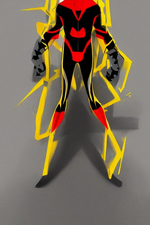 Prompt: a full body superhero concept he is wearing a yellow, red and black suit, concept art, trending on artstation, very detailed,