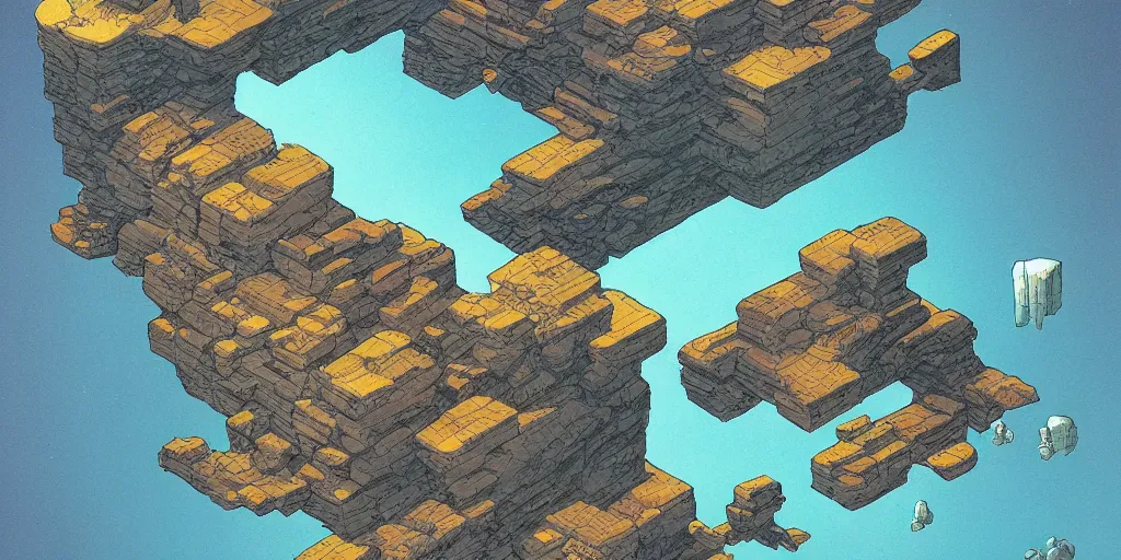 Image similar to isometric science fiction art of a rocky landscape. isometric perspective. science fiction art. alien world. moebius