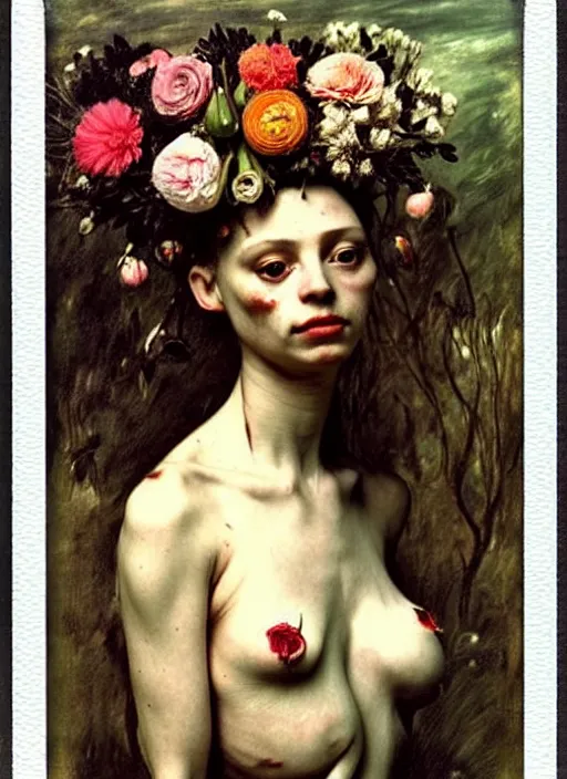Image similar to beautiful and detailed rotten woman made of plants and many types of stylized flowers like carnation, chrysanthemum, roses and tulips, intricate, surreal, vladimir volegov, john constable, guy denning, gustave courbet, caravaggio, romero ressendi, 1 9 1 0 polaroid photo