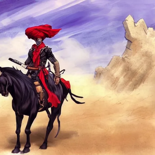 Prompt: a concept art for a new video game, by square enix, about a hero fighting for his nation, wearing a turban and also a black horse, his clothes are very desert style, and also symmetrical, perfect shape, and also very detailed, illustrations this is drawn by yoshitaka amano