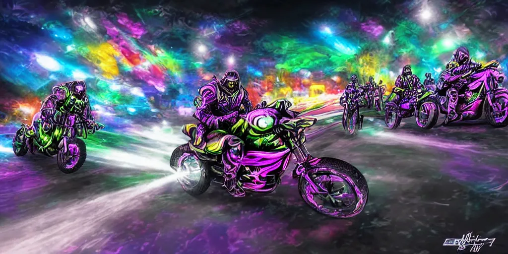 Prompt: psychedelic blacklight airbrush artwork, motorcycles, hyper stylized action shot of orc bikers racing on motorcycles, menacing orcs, drifting, skidding, wheelie, clear focused details, soft airbrushed artwork, black background, cgsociety, artstation